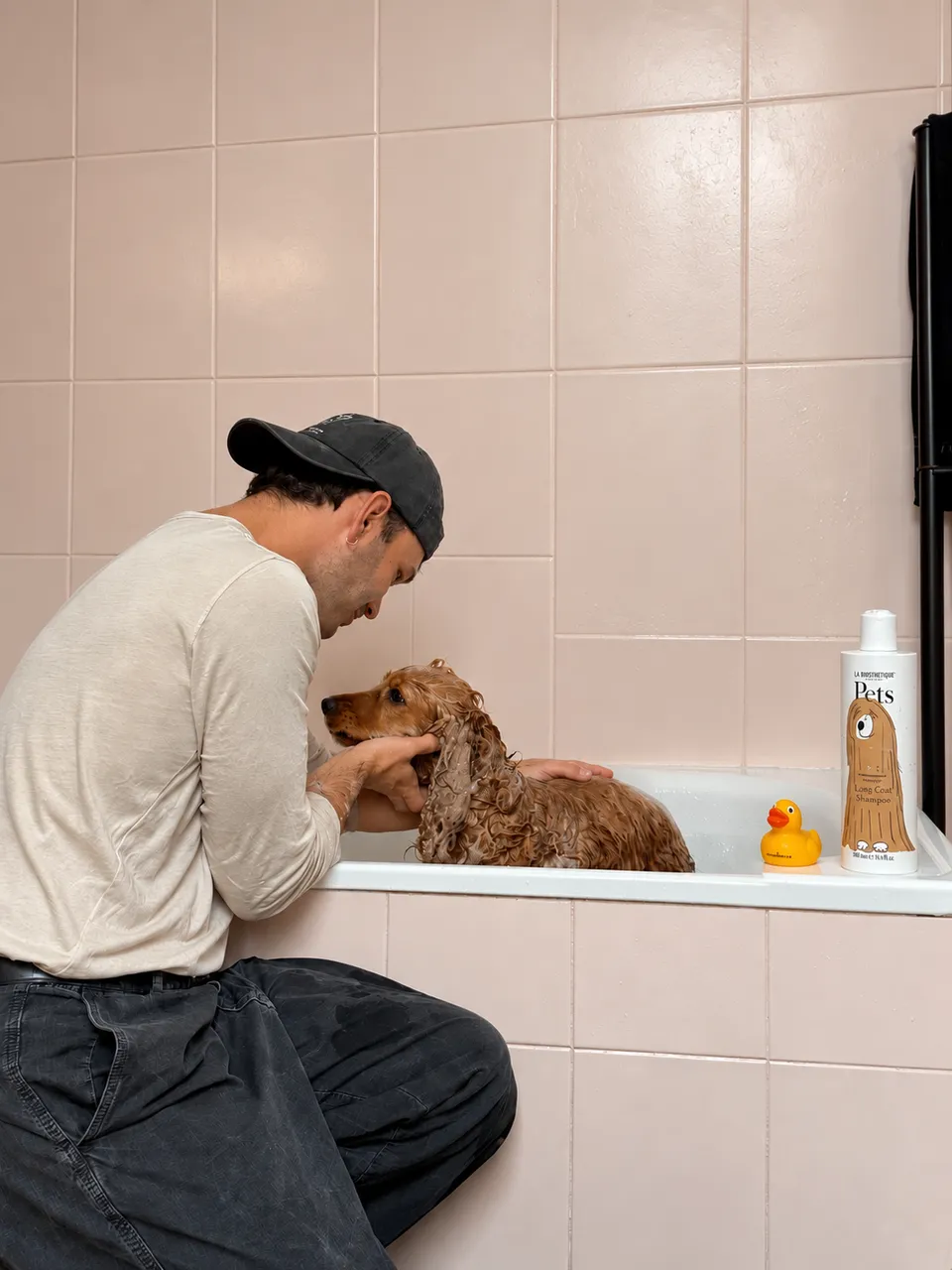 Hund wird liebevoll in der Badewanne gewaschen