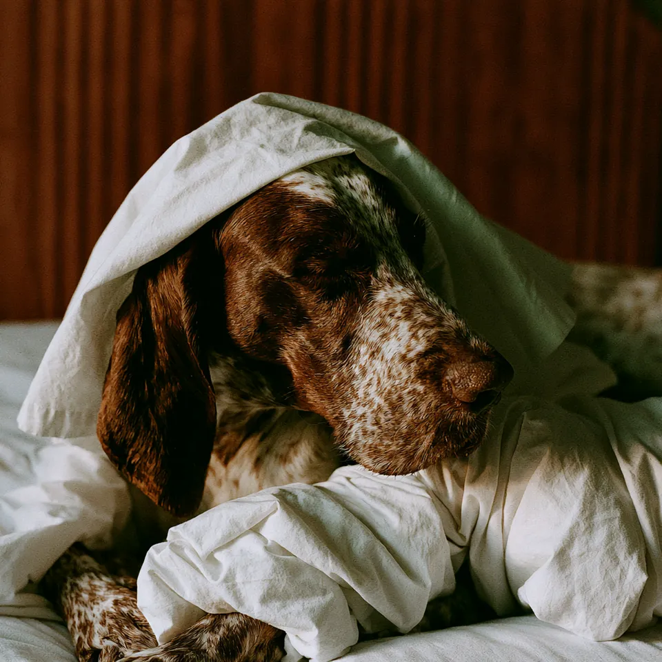 Hund in Decke eingekuschelt